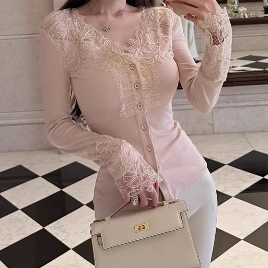 Button Panel Lace Top with V-Neck and Long Sleeves