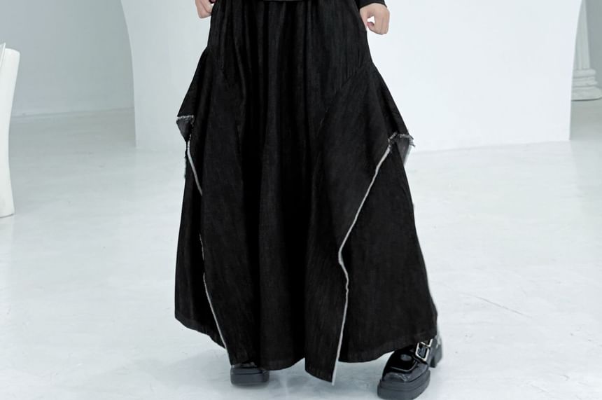 Elastic Waist Washed Frayed Slit Denim Culottes