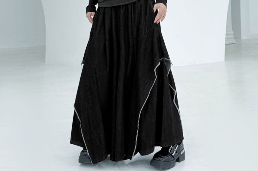 Elastic Waist Washed Frayed Slit Denim Culottes