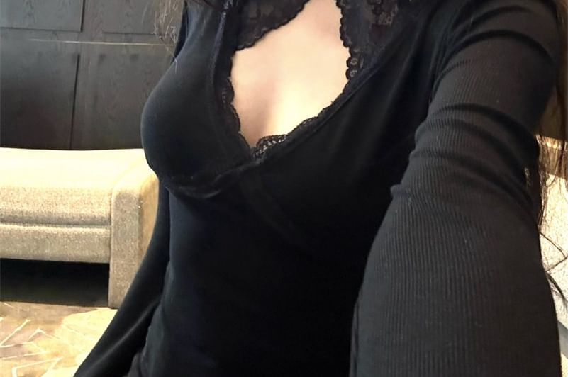 Halter Lace Top with Panel Detail and Long Sleeves