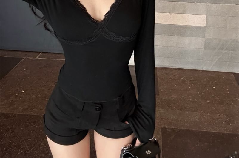Halter Lace Top with Panel Detail and Long Sleeves