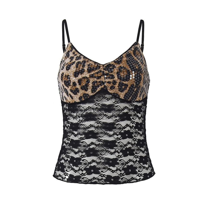 Sequin Leopard V-Neck Crop Camisole with Lace Panels