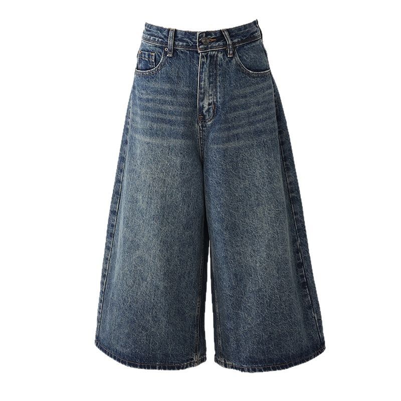 High Waist Washed Wide Leg Denim Culotte Jorts
