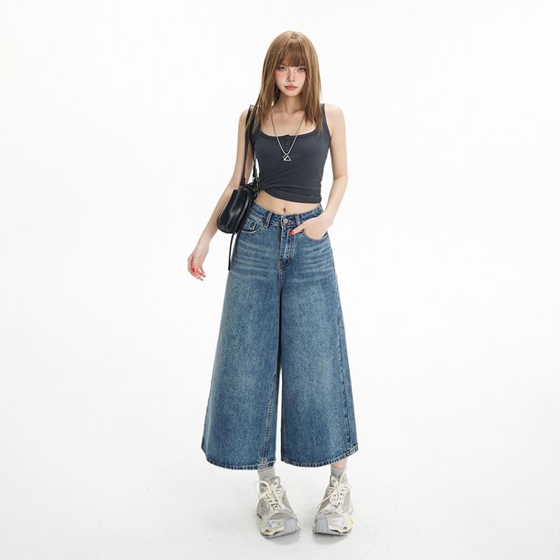 High Waist Washed Wide Leg Denim Culotte Jorts