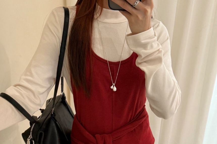 Long Sleeve Mock Neck Tee, Scoop Neck Tie-Waist Camisole, and Floral Lace A-Line Skirt Set