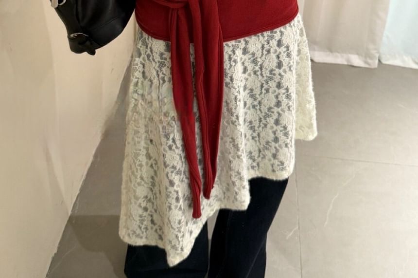 Long Sleeve Mock Neck Tee, Scoop Neck Tie-Waist Camisole, and Floral Lace A-Line Skirt Set