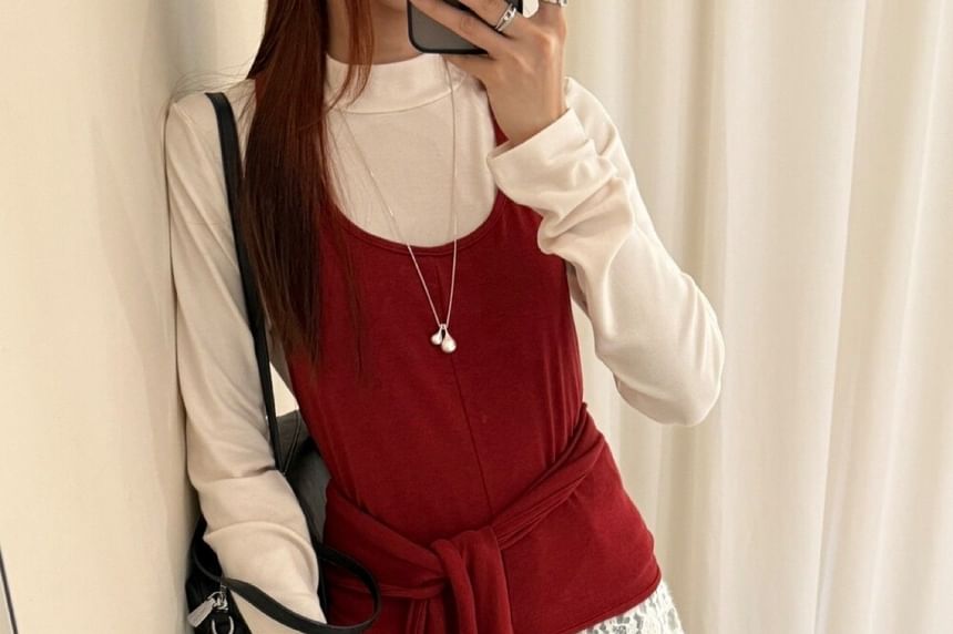 Long Sleeve Mock Neck Tee, Scoop Neck Tie-Waist Camisole, and Floral Lace A-Line Skirt Set