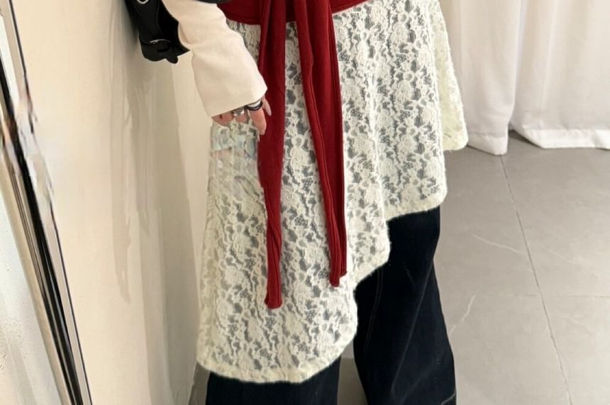 Long Sleeve Mock Neck Tee, Scoop Neck Tie-Waist Camisole, and Floral Lace A-Line Skirt Set