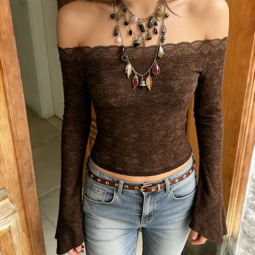 Off-Shoulder Crop Tee with Lace Detail and Long Sleeves