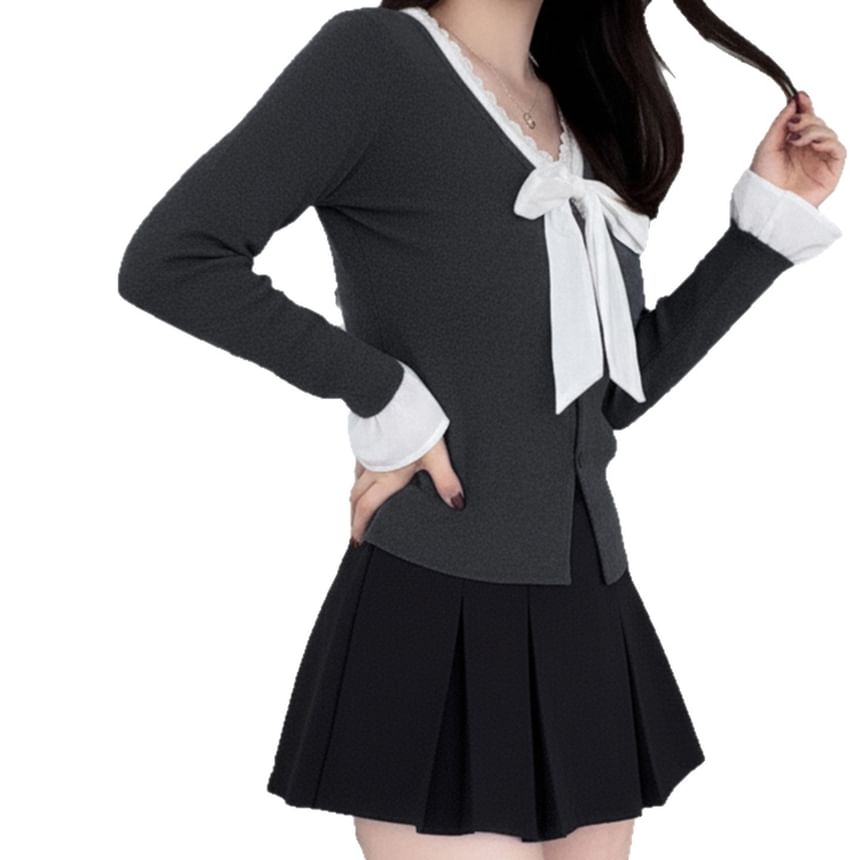 Knit Top with Lace Trim V-Neck and Button Closure