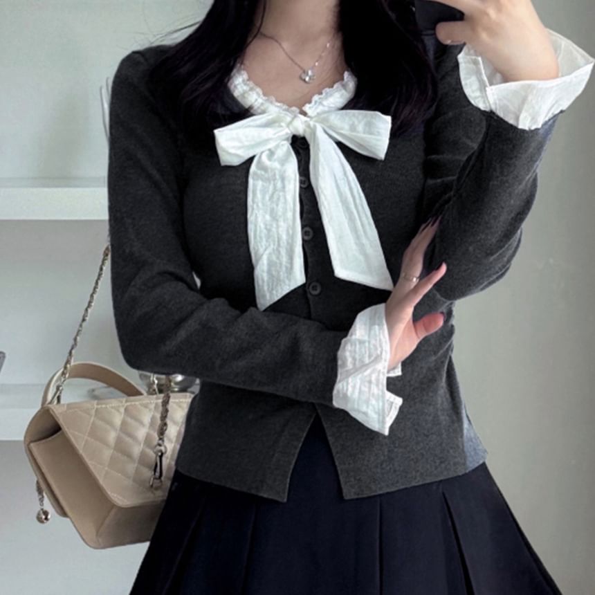Knit Top with Lace Trim V-Neck and Button Closure