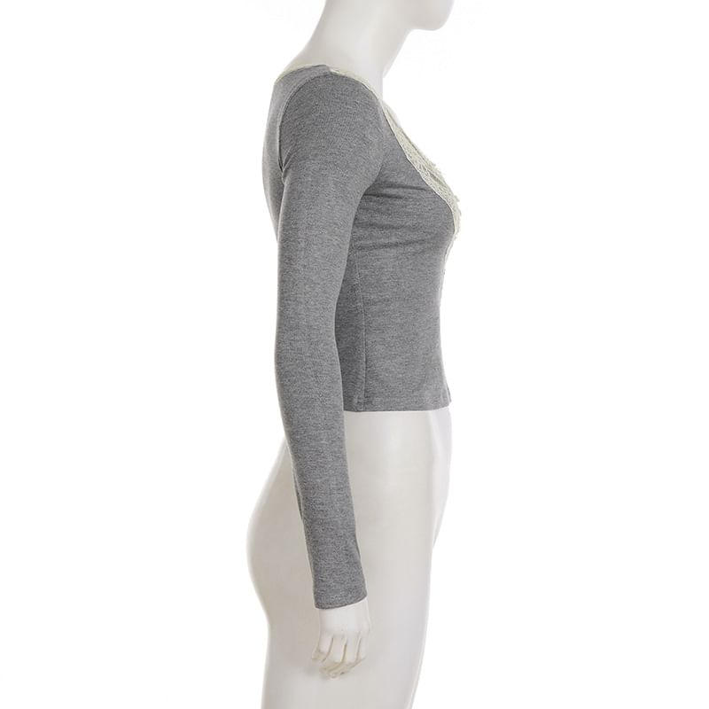Square-Neck Tee with Lace Trim and Long Sleeves