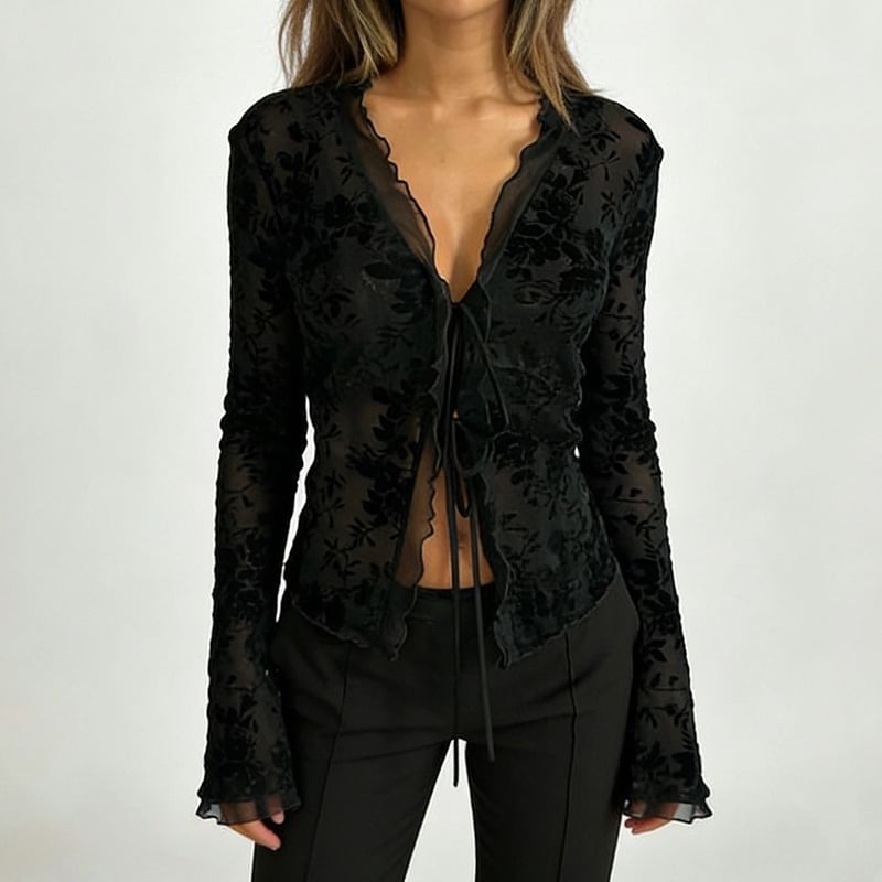 V-Neck Blouse with Lace Button-Up Front and Long Sleeves