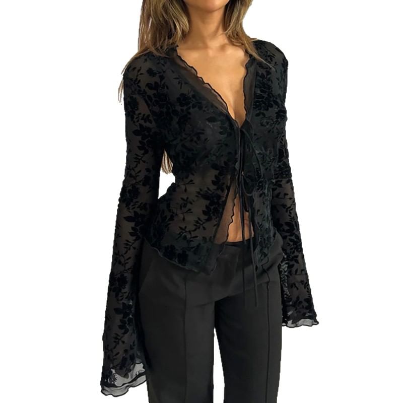 V-Neck Blouse with Lace Button-Up Front and Long Sleeves