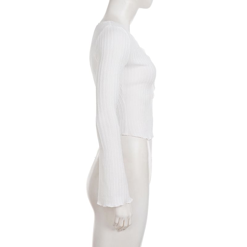 V-Neck Top with Lace Trim and Long Sleeves