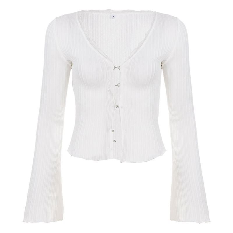 V-Neck Top with Lace Trim and Long Sleeves