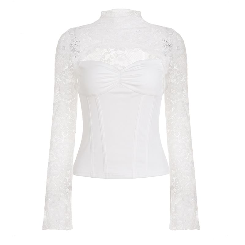 Mock Neck Long Sleeve Lace Cut-Out Slim Top