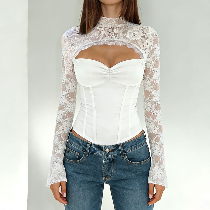 Mock Neck Long Sleeve Lace Cut-Out Slim Top