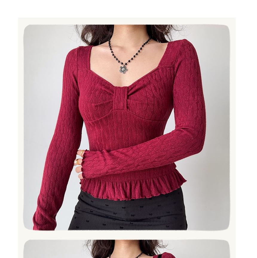 V-Neck Cropped Long-Sleeve Top in Solid Tone