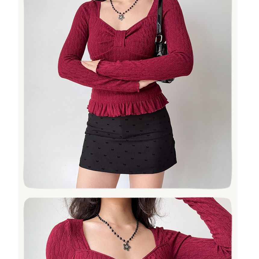V-Neck Cropped Long-Sleeve Top in Solid Tone