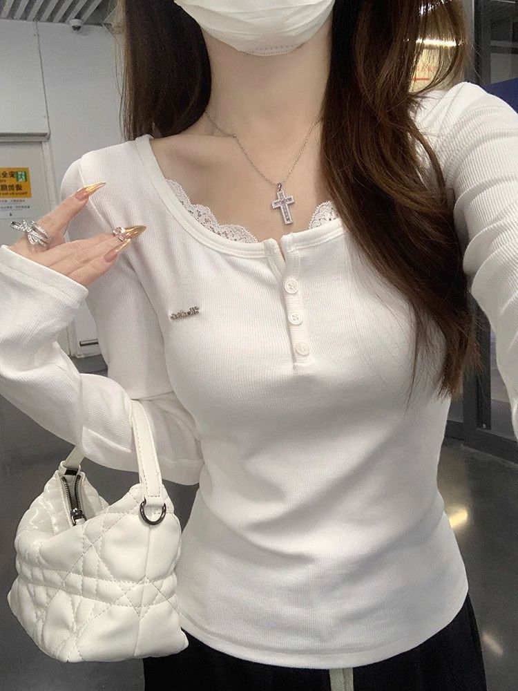 Mock Two-Piece Long Sleeve Lace Top