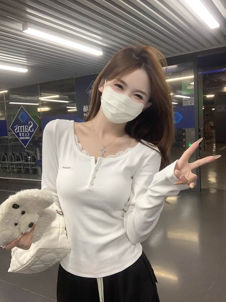 Mock Two-Piece Long Sleeve Lace Top