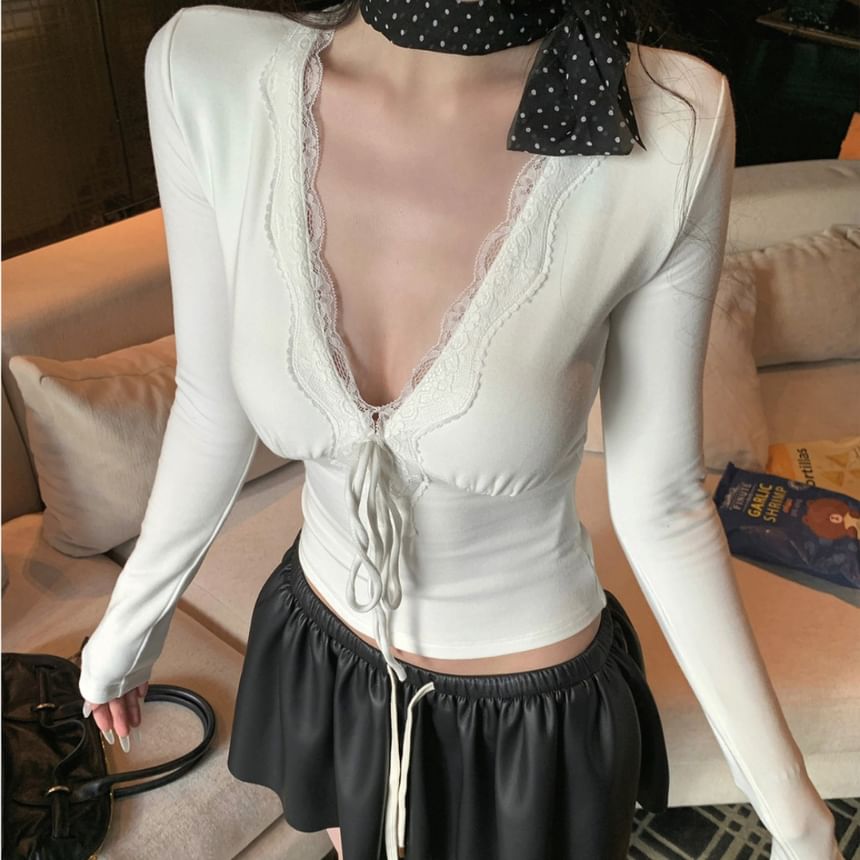 V-Neck Long Sleeve Lace Trim Top