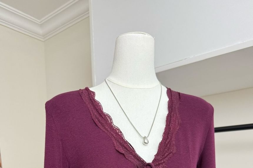 V-Neck Long Sleeve Lace Trim Top