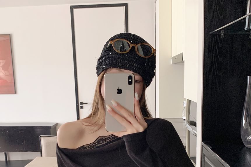Off Shoulder Long Sleeve Lace Trim Top