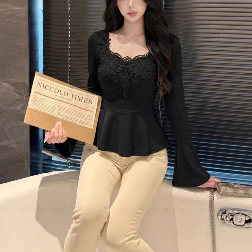 Flared Sleeve Lace Trim Flowy Blouse