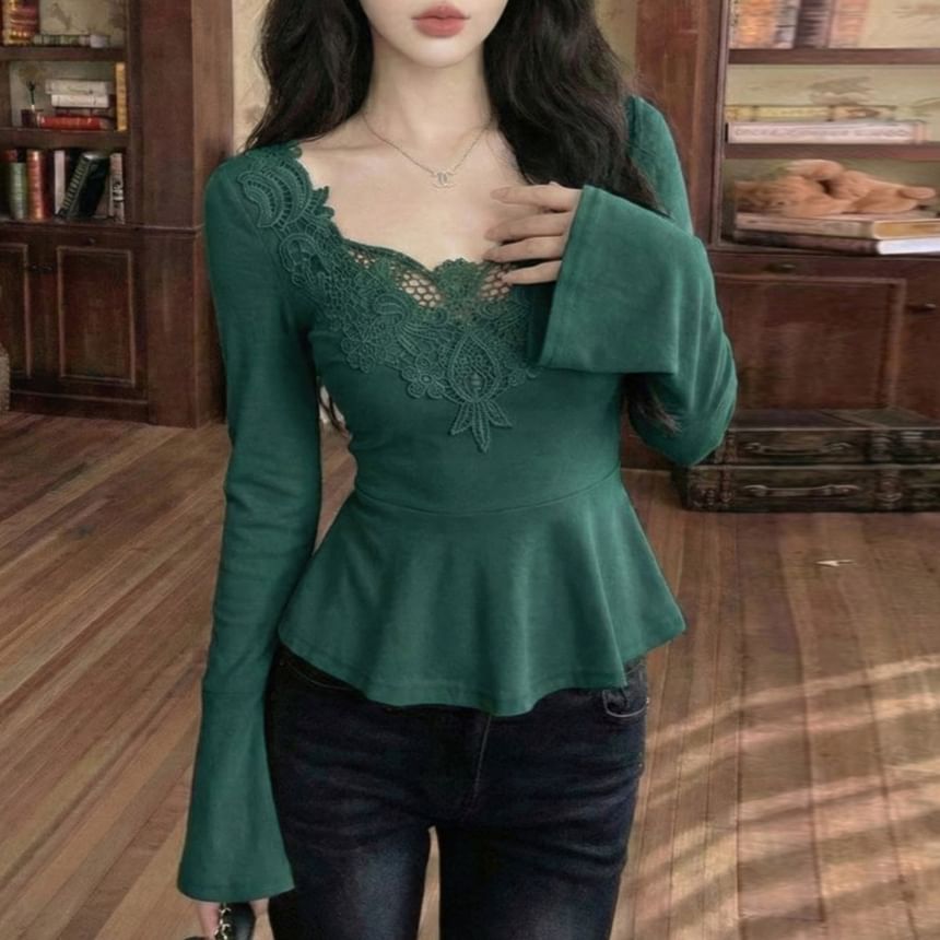 Flared Sleeve Lace Trim Flowy Blouse
