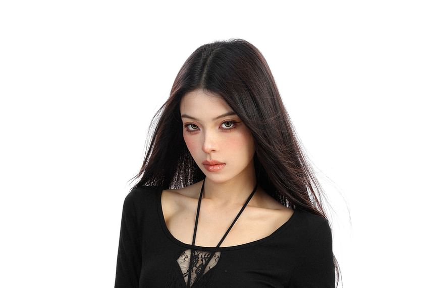 Scoop Neck Long Sleeve Lace Crop Top