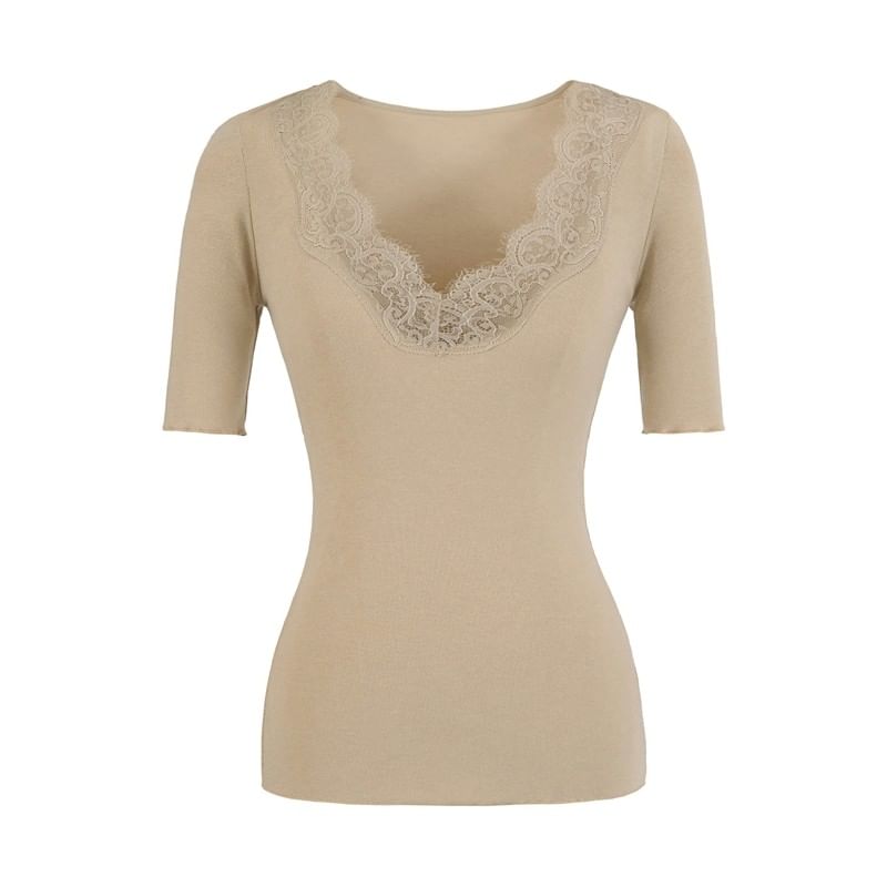 Lace Trim V-Neck Short-Sleeve Top