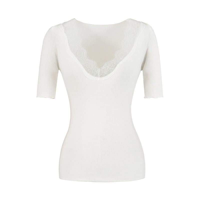 Lace Trim V-Neck Short-Sleeve Top