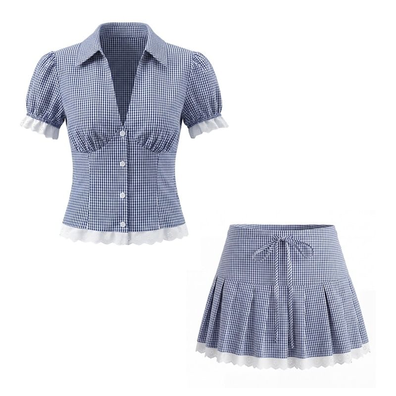 Micro Check Lace Trim Shirt & Mini Pleated Skirt