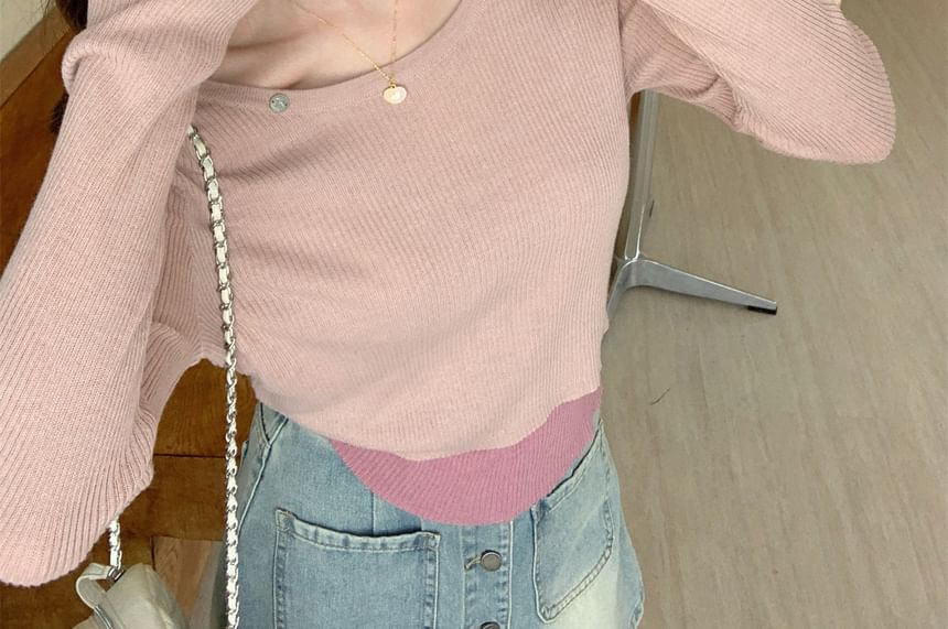 Two-Tone Asymmetrical Crewneck Knit Top with Long Sleeves