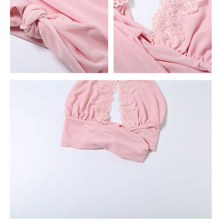 Halter V-Neck Lace Panel Open Back Crop Top