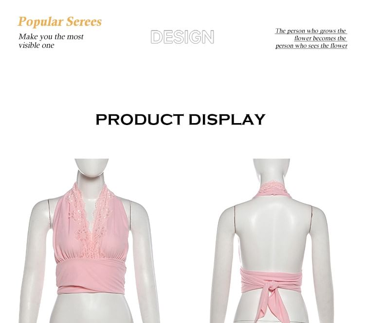 Halter V-Neck Lace Panel Open Back Crop Top