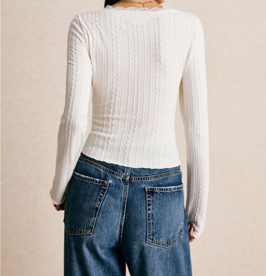 V-Neck Long Sleeve Lace Trim Button Crop Top