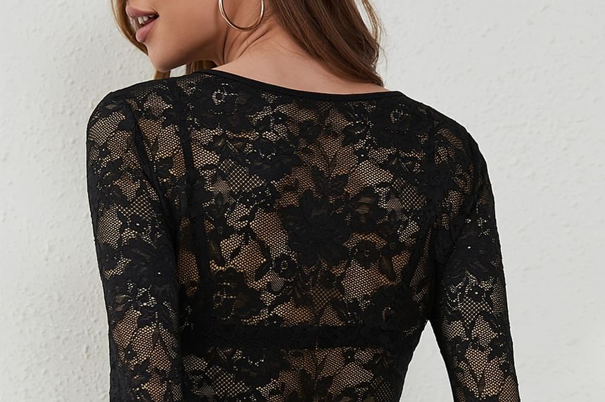 V-Neck Sheer Lace Slim Fit Top with Long Sleeves
