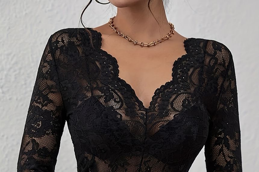 V-Neck Sheer Lace Slim Fit Top with Long Sleeves