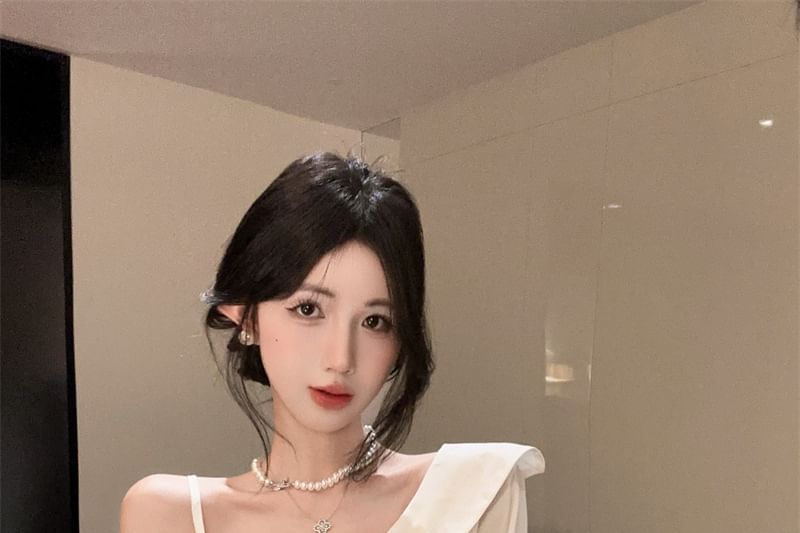 Asymmetric Tie-Waist Cold-Shoulder Blouse, Long Sleeves