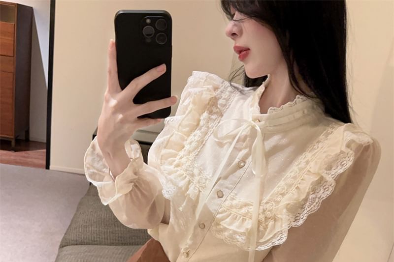 Stand Collar Lace Panel Ruffle Trim Button-Up Blouse