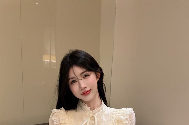 Stand Collar Lace Panel Ruffle Trim Button-Up Blouse