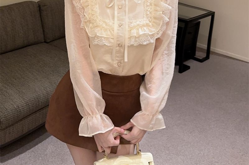 Stand Collar Lace Panel Ruffle Trim Button-Up Blouse