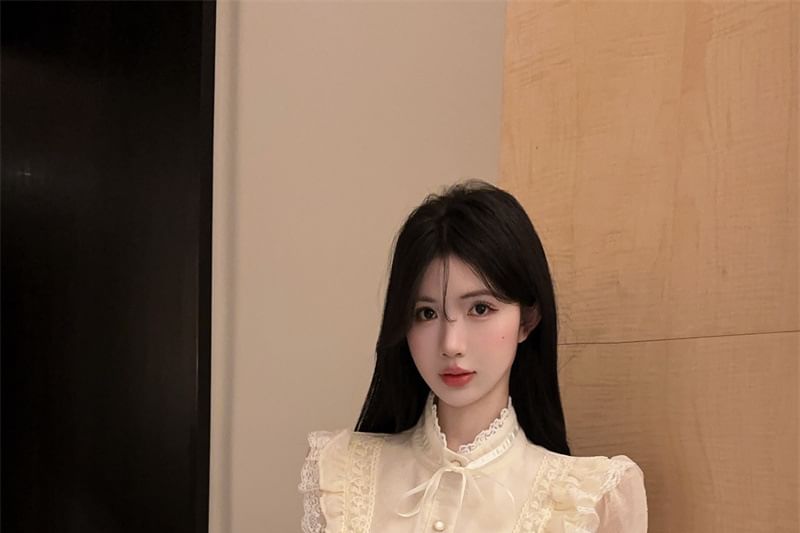 Stand Collar Lace Panel Ruffle Trim Button-Up Blouse