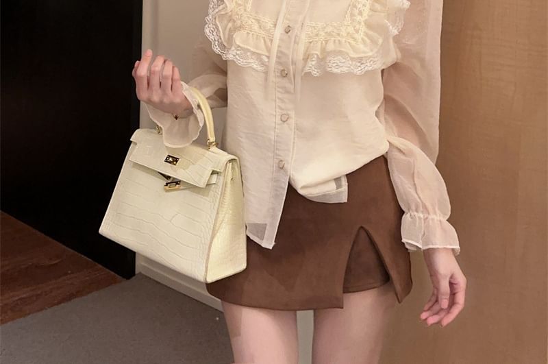 Stand Collar Lace Panel Ruffle Trim Button-Up Blouse