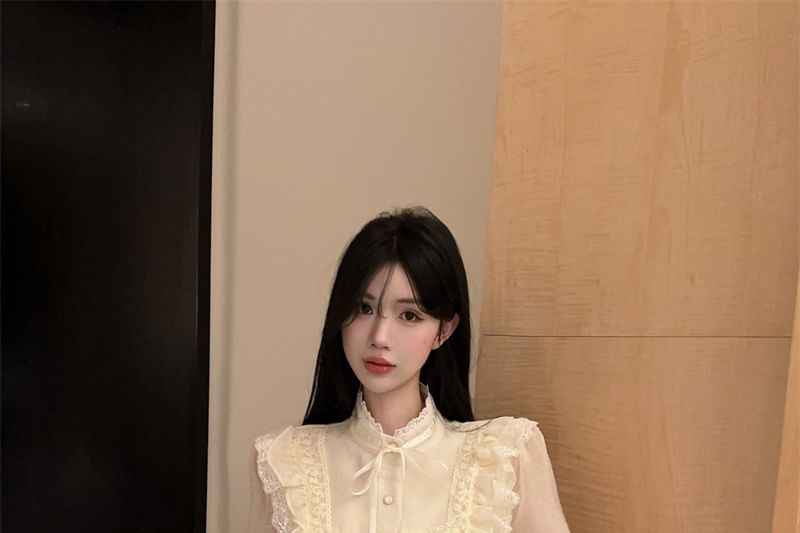 Stand-Collar Long-Sleeve Blouse with Lace Ruffle