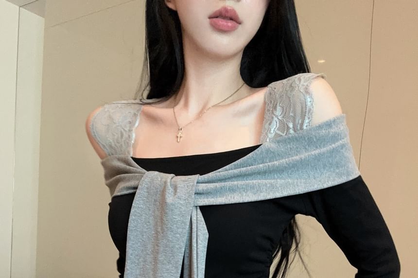 Cold Shoulder Lace Panel Drawstring Slim Crop Top