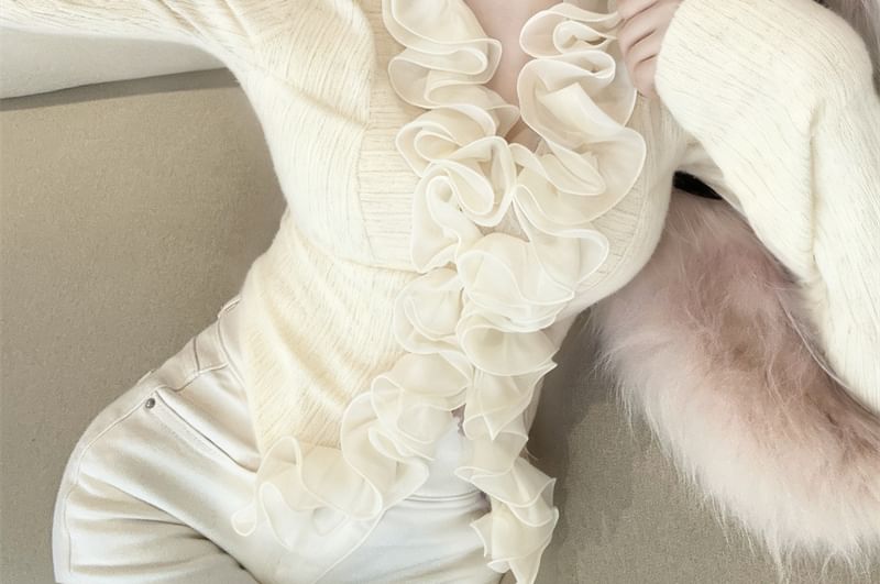Ruffle-Trim Long-Sleeve Lace Crop Top, V-Neck